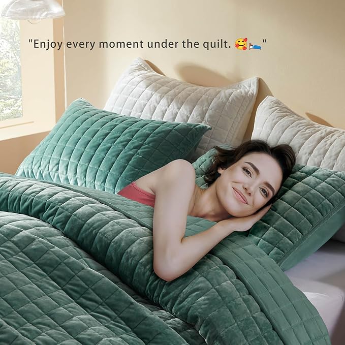 LEAONME Velvet Quilt Full/Queen Size-90''x98'', Lightweight Aqua Green Velvet Comforter Set with 2 Pillow Shams, Soft Bedspread Coverlet Quilted Bedding Set for All Season