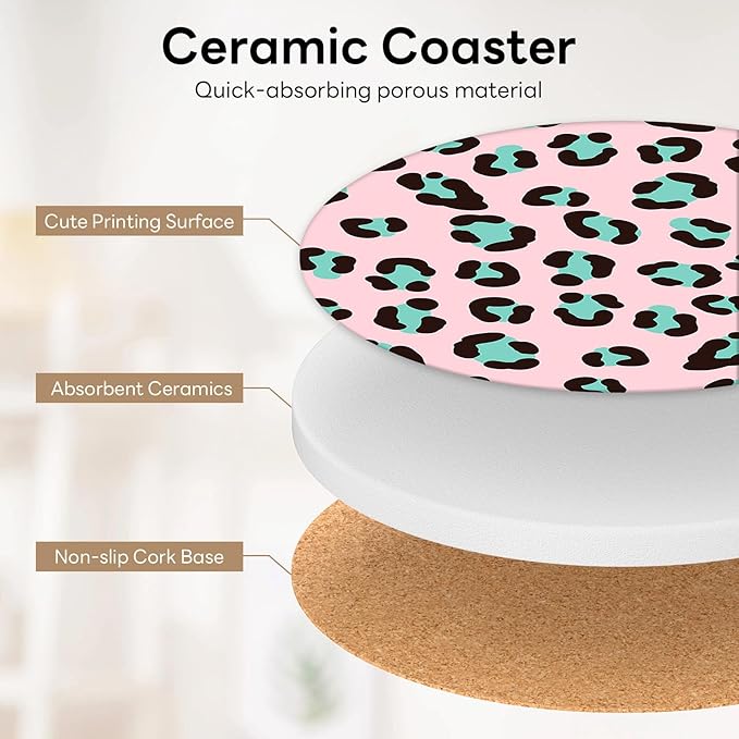 6-Piece Ceramic Coaster Set with Tray Diameter: 3.94 in Thickened Absorbent Material Heat-Resistant and Water-Absorbent Coaster Set Suitable for All Types of Cups， Leopard Print