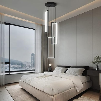 Modern Kitchen Pendant Light Fixture Black 40W LED Pendant Lighting 3 Rings Rectangle Chandelier for Kitchen Island Living Room Dining Room Bedroom
