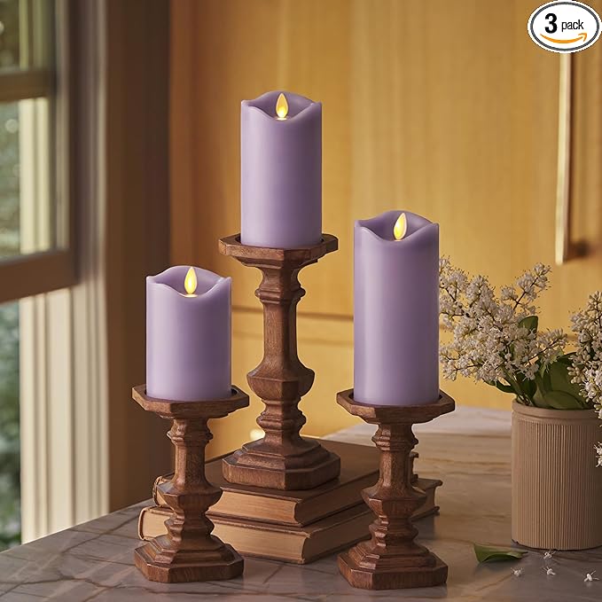 Matchless Candle Co. by Luminara - Flameless LED Battery Operated Flickering Pillar Candles - Pastel Purple - Set of 3 - Indoor Outdoor Decor Safe