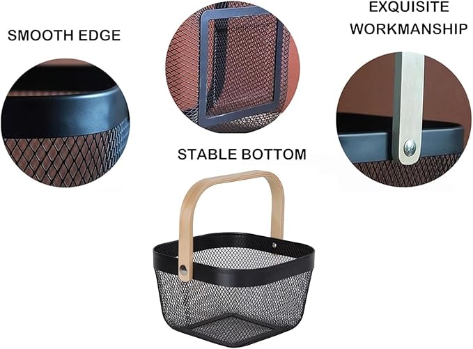 Metal Mesh Wire Basket, Mini Steel Basket with Wooden Handle Storage Organizer Basket Multi-functional Hanging Kitchen Baskets Fruit Baskets for Kitchen Bathroom Cabinet Pantry Snacks, Black
