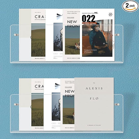 2PACK Acrylic Brochure Holder Wall Mount Clear Hanging Magazine Rack Bookshelf Comic Display Stand Floating Storage Organizer for Living Room, Office, Waitting Room