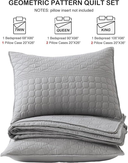 HORIMOTE HOME Grey Queen Size Quilt Set - Soft Microfiber Bedspread with 2 Shams, Lightweight & All-Season Geometric Coverlet for Cozy Bedding