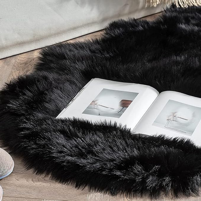 Black Shag Faux Fur 4x6 Area Rugs for Bedroom Washable Fuzzy Sheepskin Fur Rug for Living Room Nursery Rug
