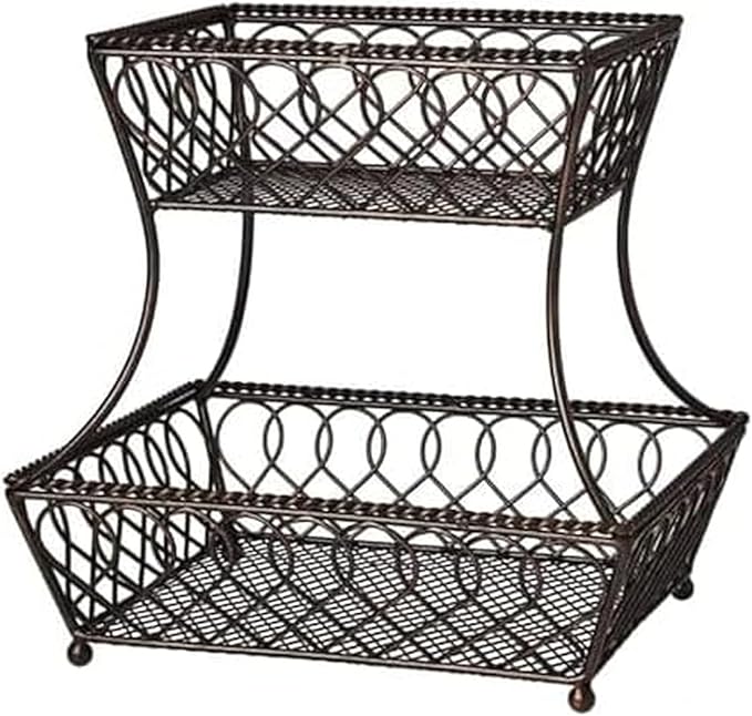 Gourmet Basics by Mikasa 2-Tier Loop and Lattice Countertop Fruit Basket, Round Metal Storage for Kitchen or Dining Table, 14 Inch, Antique Black