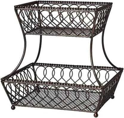 Gourmet Basics by Mikasa 2-Tier Loop and Lattice Countertop Fruit Basket, Round Metal Storage for Kitchen or Dining Table, 14 Inch, Antique Black