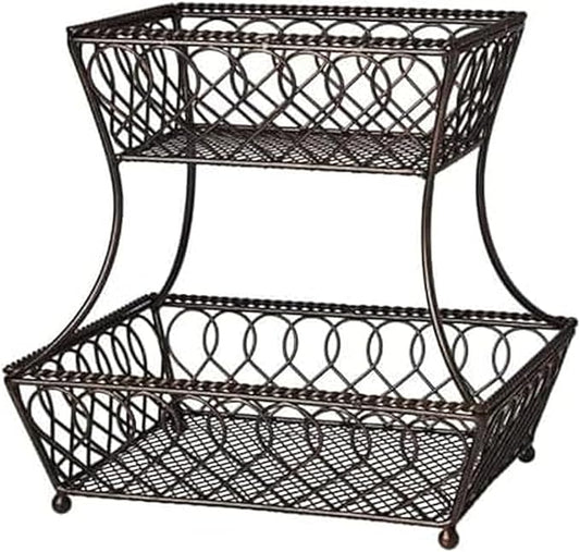Gourmet Basics by Mikasa 2-Tier Loop and Lattice Countertop Fruit Basket, Round Metal Storage for Kitchen or Dining Table, 14 Inch, Antique Black