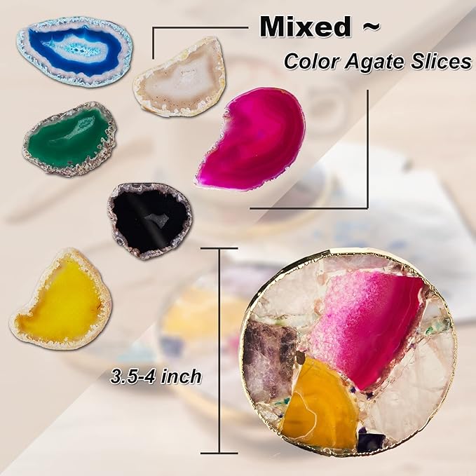 Rainbow Agate Coasters Set of 4, Natural Crystal Coaster for Drinks, Geode Gemstone with Gold Edge, Agate Slice Stone Coaster for Coffee Table, Wooden Table, Home Decor