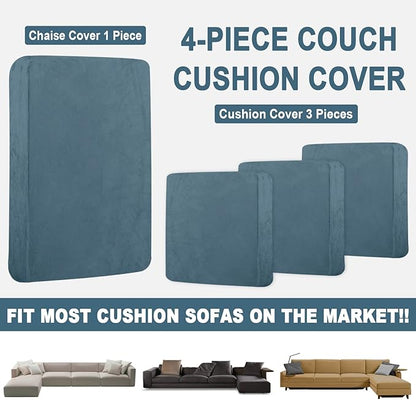 Sectional Couch Covers for 4-Piece Seat Cushion Velvet Separate L Shape Couch Cover Stretch Sofa Slipcover with 2 Pieces Pillowcases Furniture Protector (Sofa 3 Seater + 1 Chaise, Teal)