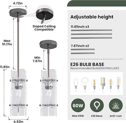 Modern Crystal Pendant Light for Kitchen Island, Pearl Black Luxury Mini Water Ripple Glass Chandelier Lights Fixture, Square Adjustable Hanging Pendant Lighting for Dining Room Bedroom (3-Pack)