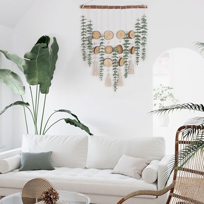 Artificial Eucalyptus Wall Hanging Decor - Fake Eucalyptus Greenery Leaves Stems Wall Hanging Plants with Wooden Stick Boho Rustic Farmhouse Decor for Bathroom Bedroom Office Living Room