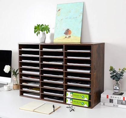 EasyPAG Mail Organizer Countertop, Wood Literature Organizer with Adjustable Shelves, Student Classroom Mailbox for School, Desktop Paper Sorter for Office Home, 27 Compartments, Archaize