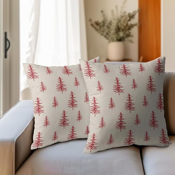 Christmas Tree Pillow Covers 22x22 Set of 2 Red Xmas Vintage Winter Print Decorative Outdoor Linen Zipper Throw Pillows Cases Cushion Cover Rustic Holiday Decoration Farmhouse Sofa Couch Bed Decor