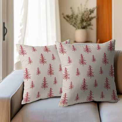 Christmas Tree Pillow Covers 18x18 Set of 2 Red Xmas Vintage Winter Print Decorative Outdoor Linen Zipper Throw Pillows Cases Cushion Cover Rustic Holiday Decoration Farmhouse Sofa Couch Bed Decor