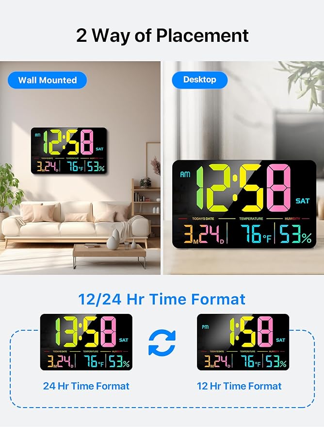 MASHI Digital Clock, 13" Large Display Digital Wall Clock, Adjustable Brightness Calendar Clock with Day and Date,DST,Alarms,Humidity,Temperature for Desk,Wall Mounted (Black Case Color Light)