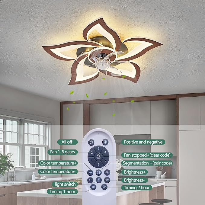 HuixuTe 24" Wood Geometric Ceiling Fan with Lights Remote Control, Low Profile Ceiling Fan with Light for Kitchen Bedroom Living Room