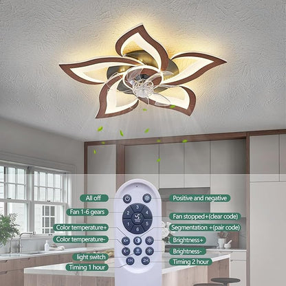 HuixuTe 24" Wood Geometric Ceiling Fan with Lights Remote Control, Low Profile Ceiling Fan with Light for Kitchen Bedroom Living Room