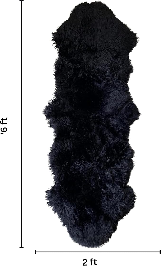 Woolous Genuine Black Sheepskin Rug 2x6 ft – Real Sheep Skin Double Pelt Runner Rug, Soft Thick Plush Fur Carpet for Bedroom, Living Room & Nursery
