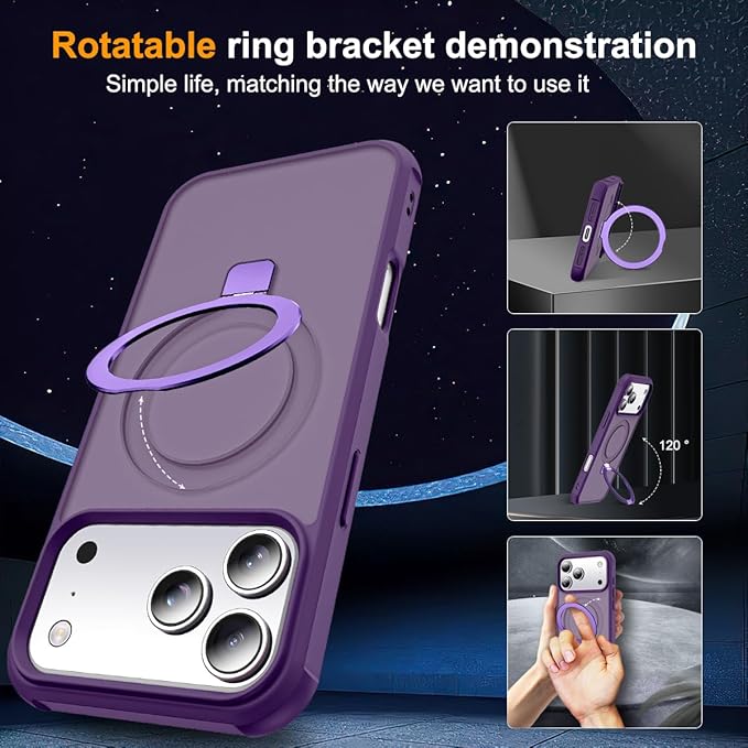 Compatible with iPhone 17 Pro Max Case with Invisible Magnetic O-Ring Stand Military-Grade Translucent Case for iPhone 17 ProMax 6.9" [Compatible with Mag-Safe][Great Grip Feeling], Purple