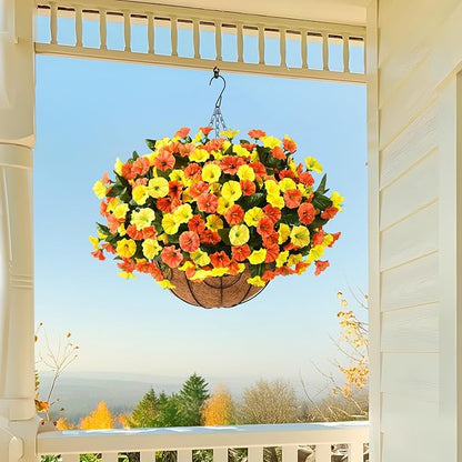 Artificial Fake Hanging Flowers Plants Baskets for Outdoor Spring Decoration, Faux Silk UV Resistant Look Real Morning Glory Arrangement for Porch Patio Garden Deck Home Summary Decor(Orange Yellow)