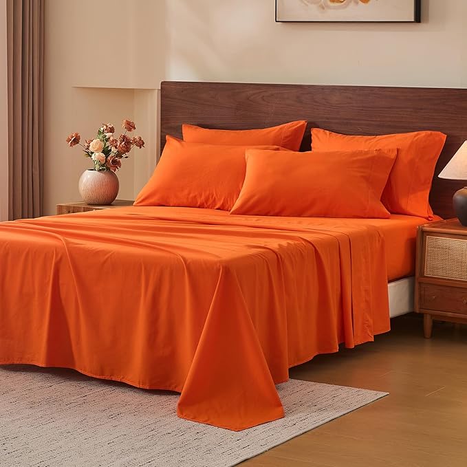 MEISHANG 100% French Pure Linen Sheets Queen Size - 6 PC Extra Deep Pocket Sheet Set, Soft Durable Flax Linen, Anti-Tear Breathable & Oeko-Tex Certified 18-24 Deep Pocket,All Season(Orange)