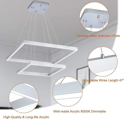 Led Chandelier 2 Layers Modern Pendant Light Dimmable 6000K Cool Whit Light Adjustable Chandelier Ceiling Light Fixture for Living Room Bedroom Kitchen Dining Room 72W 110V (Silver)