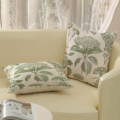 Sage Green Pillow Covers 22x22 Set of 2 Boho Floral Hydrangea Herbs Botanical Throw Pillow Cover Outdoor Decoration Pillow Cases Vintage Flower Linen Cushion Case Decorative for Couch Sofa