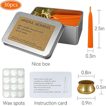 Mini Taper Candle Meditation Candles,Orange 20 Minute Prayer Candlestick Dripless Beeswax Candles with Brass Candle Holder for Yoga & Spiritual Rituals,30-ORA