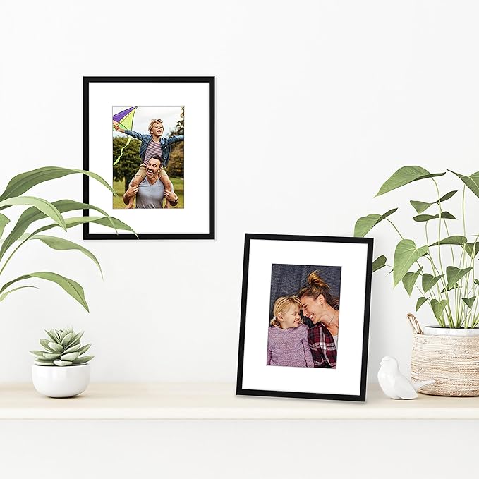 Americanflat 8x10 Picture Frame with Shatter-Resistant Glass - Set of 2 - Use as 5x7 Frame with Mat or Display 8x10 Photo Without Mat - Streamline Collection - Tabletop or Wall Display - Black