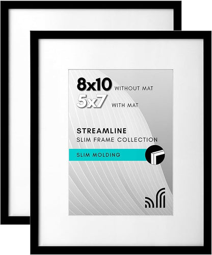 Americanflat 8x10 Picture Frame with Shatter-Resistant Glass - Set of 2 - Use as 5x7 Frame with Mat or Display 8x10 Photo Without Mat - Streamline Collection - Tabletop or Wall Display - Black