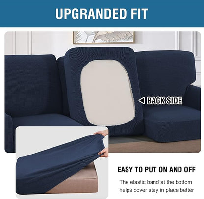 H.VERSAILTEX Multi-Pieces Sofa Covers Stretch Couch Covers Form Fitted Seats and Back Cushions Covers (2 Seat Covers Plus 2 Back Cusion Covers, Bonus 2 Armrest Covers), Navy