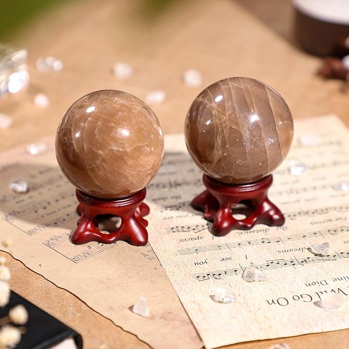 SUNYIK Natural Orange Moonstone Ball Sphere with Resin Stand Polished Crystal Sphere Stone Figurine Decor for Home Office Tabletop, 1.6-1.9"(41-50mm)