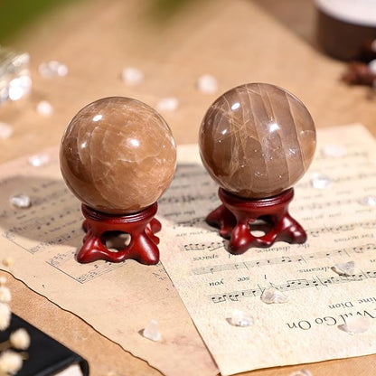 SUNYIK Natural Orange Moonstone Ball Sphere with Resin Stand Polished Crystal Sphere Stone Figurine Decor for Home Office Tabletop, 1.6-1.9"(41-50mm)