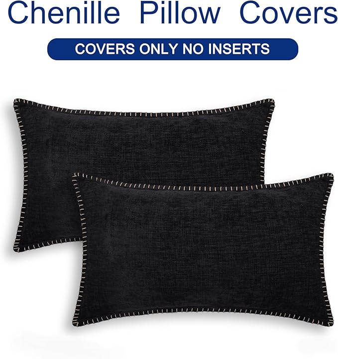 CaliTime Throw Pillow Covers Decorative 12 X 20 Inches Pack of 2 Cotton Thread Stitching Edges Solid Dyed Soft Chenille Cushion Cases for Couch Sofa Bed Living Room Farmhouse Black