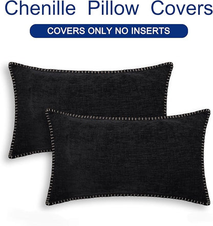 CaliTime Throw Pillow Covers Decorative 12 X 20 Inches Pack of 2 Cotton Thread Stitching Edges Solid Dyed Soft Chenille Cushion Cases for Couch Sofa Bed Living Room Farmhouse Black