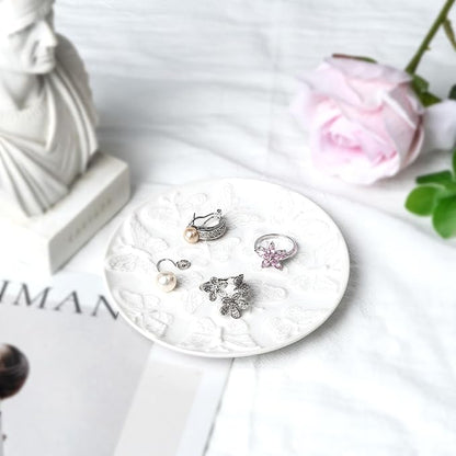 Ceramic Jewelry Dish, Decorative Tray for Rings Earrings Necklaces Bracelet Watch Keys, 4.50" Trinket Tray as Gifts for Women (White Butterflies)