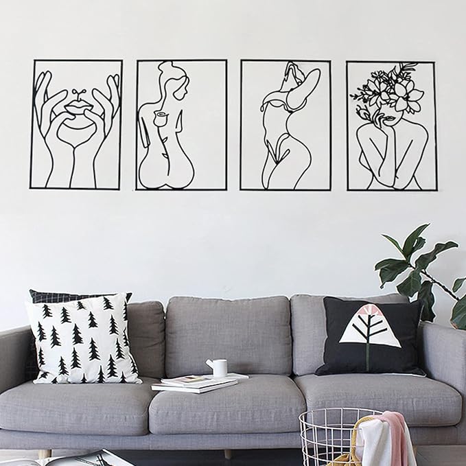 Glamativity 4 Pack Black Wall Art Décor, Minimalist Décor Single Line Art Wall Décor, Real Metal Wall Art, Woman's Body Shape Abstract Wall Art, for Kitchen Bedroom Living Room