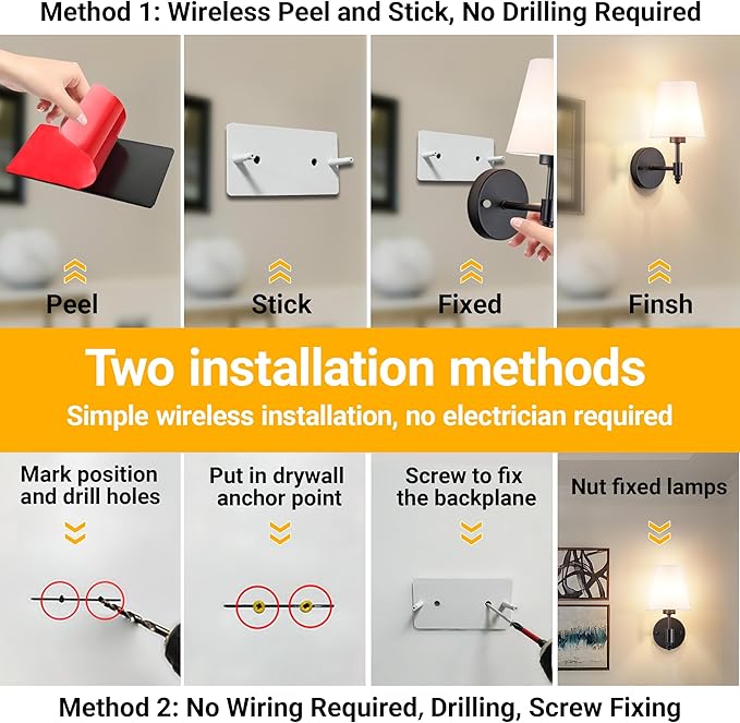 Battery Operated Wall Sconce: Renter Friendly Peel and Stick Adhesive Wall Light Easy to Install, Rechargeable Wireless Wall Lamp for Bedroom Living Room DIY Home Wall Decor