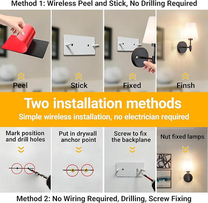 Battery Operated Wall Sconce: Renter Friendly Peel and Stick Adhesive Wall Light Easy to Install, Rechargeable Wireless Wall Lamp for Bedroom Living Room DIY Home Wall Decor