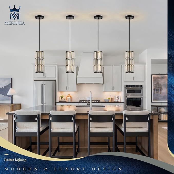 Black Pendant Lighting, Modern Crystal Mini Pendant Light Fixture, Adjustable 3-Pack Chandeliers for Kitchen Island, Dining Room, Bedroom
