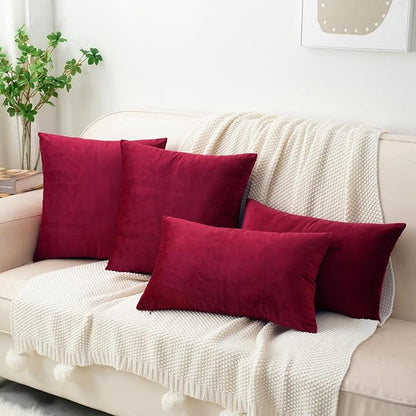 HWY 50 Burgundy Red Velvet Throw Pillow Covers 18x18 Inch, Pack of 2 Soft Cozy Solid Decorative Luxury Cushion Cases for Couch Sofa Bed Living Room Bedroom