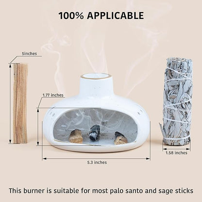 ZenBless 3 in 1 Incense Holder for Palo Santo Sticks Sage Incense, Handcrafted Ceramic Incense Burner Holder Ash Catcher with Chimney, Smudge Bowl for Yoga Meditation Room Home Decor