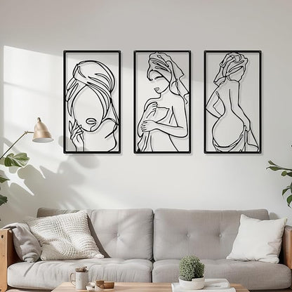 CHENGU 3 Pieces Metal Minimalist Abstract Woman Wall Art Line Drawing Wall Art Decor Single Line Female Home Hanging for Kitchen Bathroom Living Room