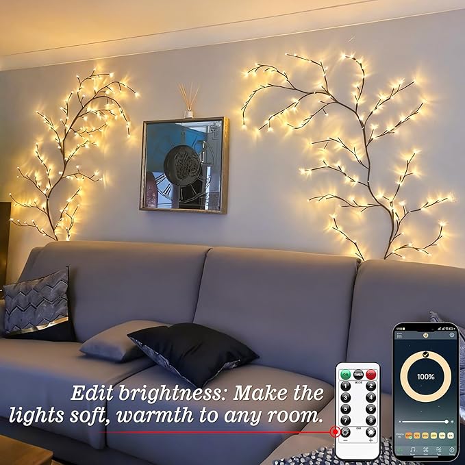 GOESWELL Smart Vine Light for Room Decor: 7.5ft 144 LEDs Music Timer Dimmable Fairy Tree Lights with Remote & App Control-Led Tree Branch Lights for Wall Mantel Corner Centerpieces Chritmas Halloween