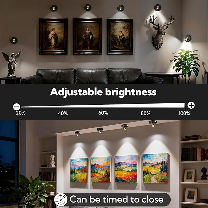4 Pack Rechargeable Battery LED Spotlight Indoor - Wireless Mini Accent Lights with Timer Remote, Dimmable Uplight for Plants, Artwork, Painting, Closet & Portrait Display