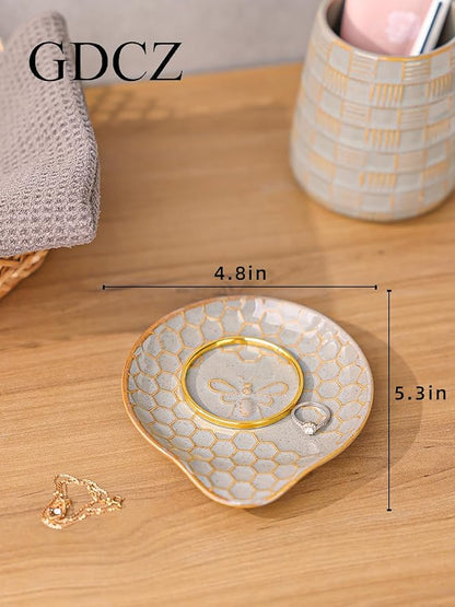 GDCZ Ceramic Jewelry Tray, 5.3" Decorative Dish, Personalized Jewelry Trays Tray with Pattern, Gifts for Friends, Sisters and Women,Set of 2 (Grey)