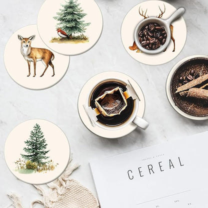 Boho Set of 6 Coasters for Drinks Absorbing Round Ceramic Stone Coaster with Cork Base,Tabletop Protection Mat for Mugs and Cups,Office,Kitchen (Forest)