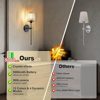 Battery Operated Crystal Wall Sconces Set of 2, Black Wireless Wall Sconce with USB Rechargeable LED Light Bulbs 12 Colors Dimmable Crystal Wall Lamp with Remote for Bedroom Living Room Bulbs Included