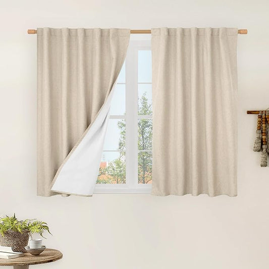 LAMIT 100% Blackout Short Linen Curtains for Cafe, 40 Inch Length Linen Textured Thermal Curtains Back Tab and Rod Pocket Neutral Panels with White Liner for Kitchen, 2 Panels, 42 x 40 Inch, Linen