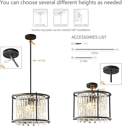 LMQNINE Modern Foyer Chandelier, Black Crystal Chandelier Entryway Pendant Light Fixture, Round Adjustable Height Chandeliers for Kitchen Island, L15.74'' x H10.43''
